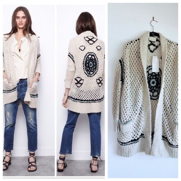 NWT Zadig & Voltaire Cream Crochet Merino Wool Open Front Pix Hook Ma Cardigan M - Picture 1 of 12